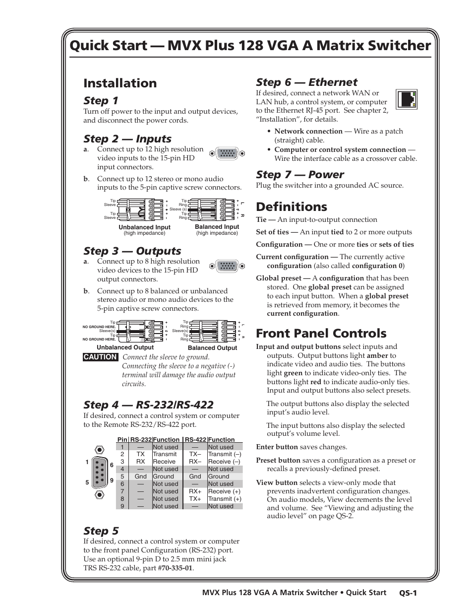 Preliminar y, Quick start — mvx plus 128 vga a matrix switcher, Installation | Definitions, Front panel controls, Step 1, Step 2 — inputs, Step 3 — outputs, Step 5, Step 6 — ethernet | Extron Electronics MVX Plus 128 VGA A User Guide User Manual | Page 5 / 162