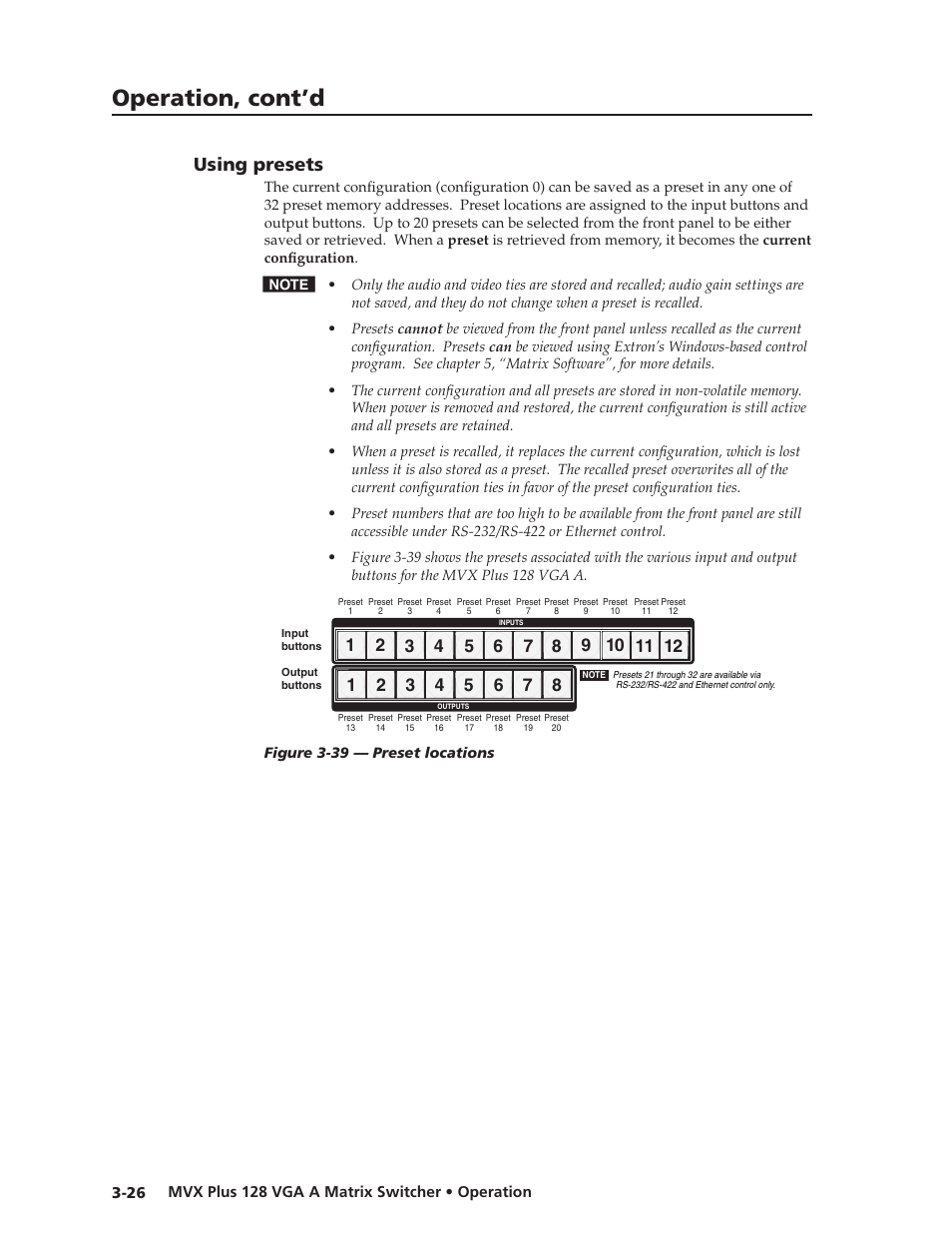 Using presets, Using.presets, Preliminar y | Operation, cont’d | Extron Electronics MVX Plus 128 VGA A User Guide User Manual | Page 52 / 162