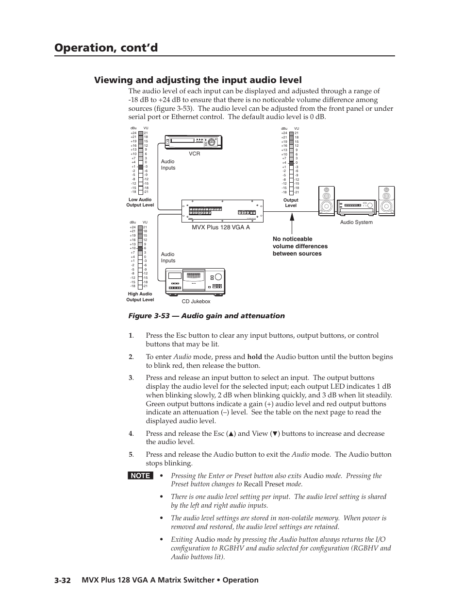 Viewing and adjusting the input audio level, Viewing.and.adjusting.the.input.audio.level, Preliminar y | Operation, cont’d | Extron Electronics MVX Plus 128 VGA A User Guide User Manual | Page 58 / 162