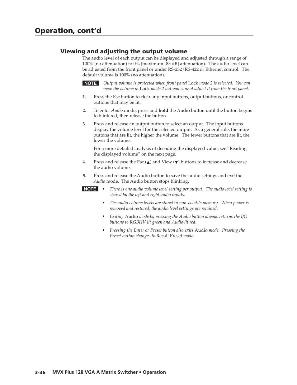 Viewing and adjusting the output volume, Viewing.and.adjusting.the.output.volume, Preliminar y | Operation, cont’d | Extron Electronics MVX Plus 128 VGA A User Guide User Manual | Page 62 / 162