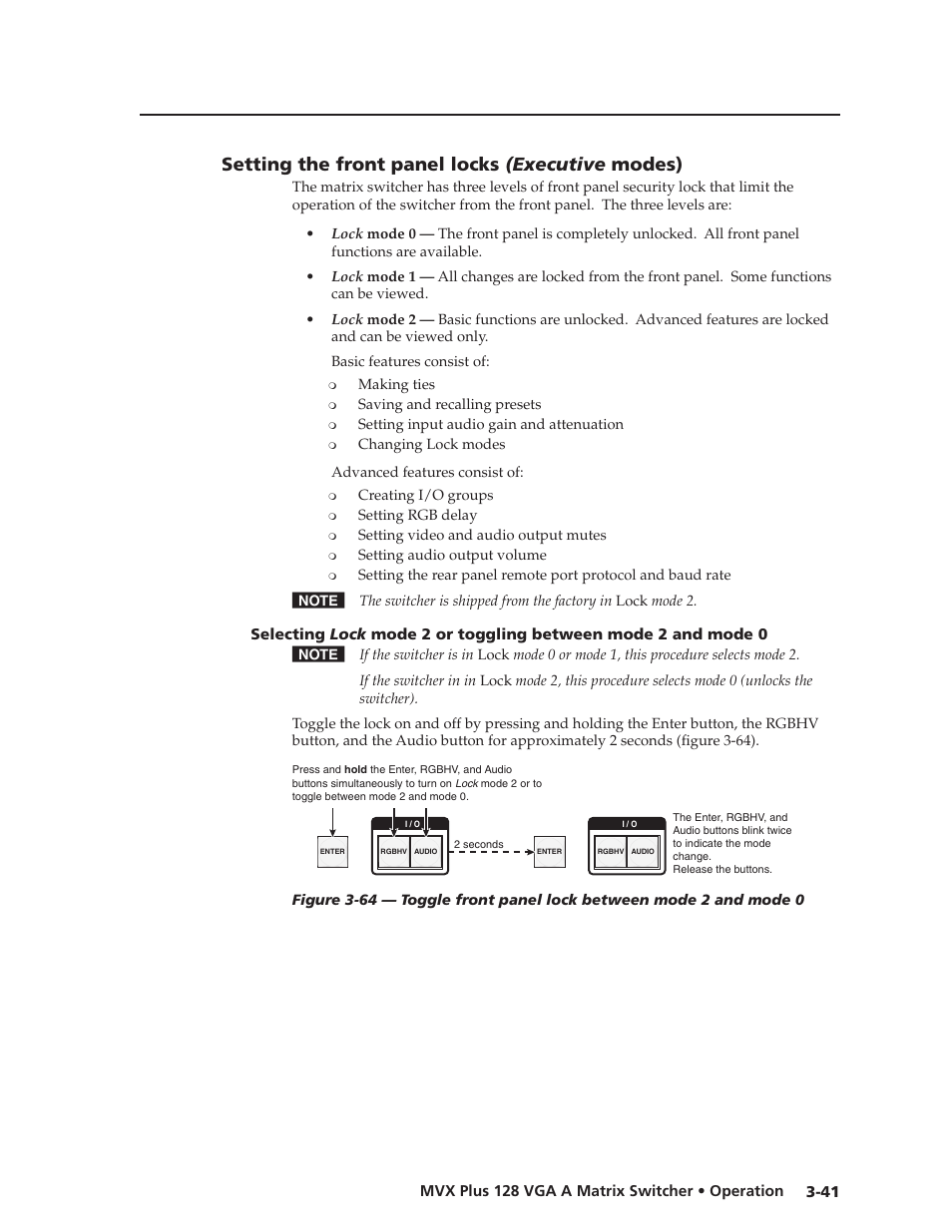 Setting the front panel locks (executive modes), Setting.the.front.panel.locks (executive .modes), Preliminar y | Extron Electronics MVX Plus 128 VGA A User Guide User Manual | Page 67 / 162
