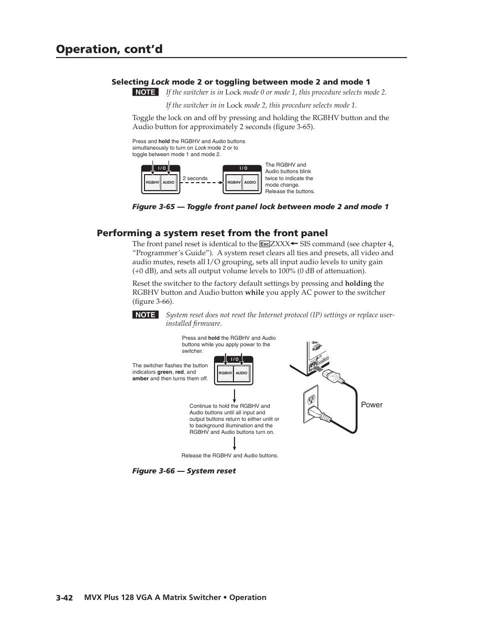 Performing a system reset from the front panel, Performing.a.system.reset.from.the.front.panel, Preliminar y | Operation, cont’d | Extron Electronics MVX Plus 128 VGA A User Guide User Manual | Page 68 / 162