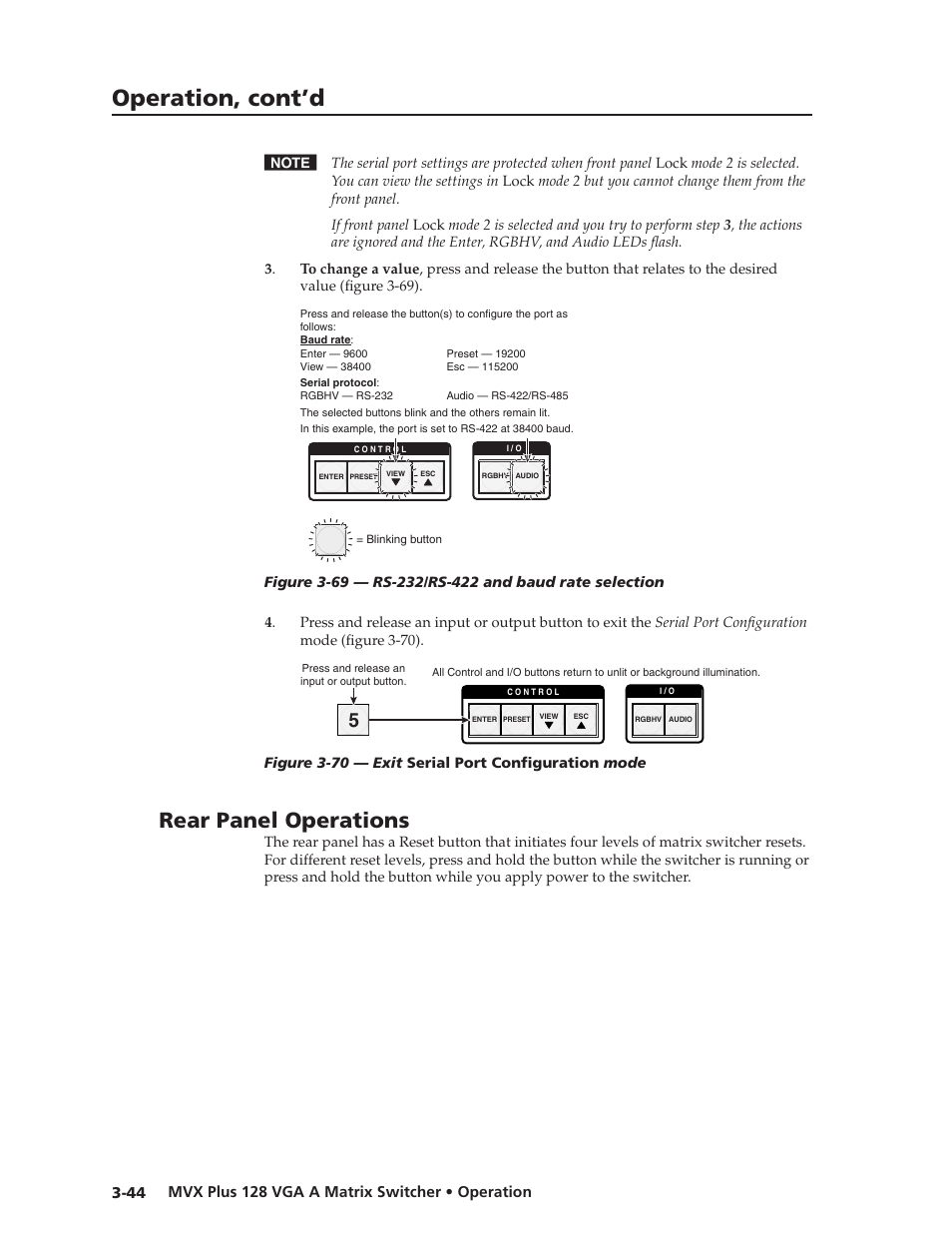 Rear panel operations, Preliminar y, Operation, cont’d | Extron Electronics MVX Plus 128 VGA A User Guide User Manual | Page 70 / 162