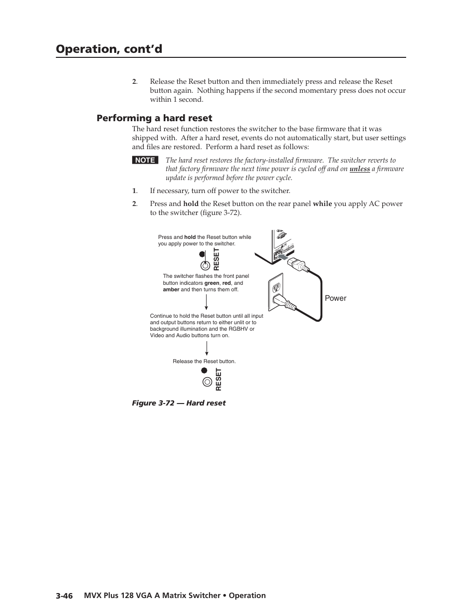Performing a hard reset, Performing.a.hard.reset, Preliminar y | Operation, cont’d | Extron Electronics MVX Plus 128 VGA A User Guide User Manual | Page 72 / 162
