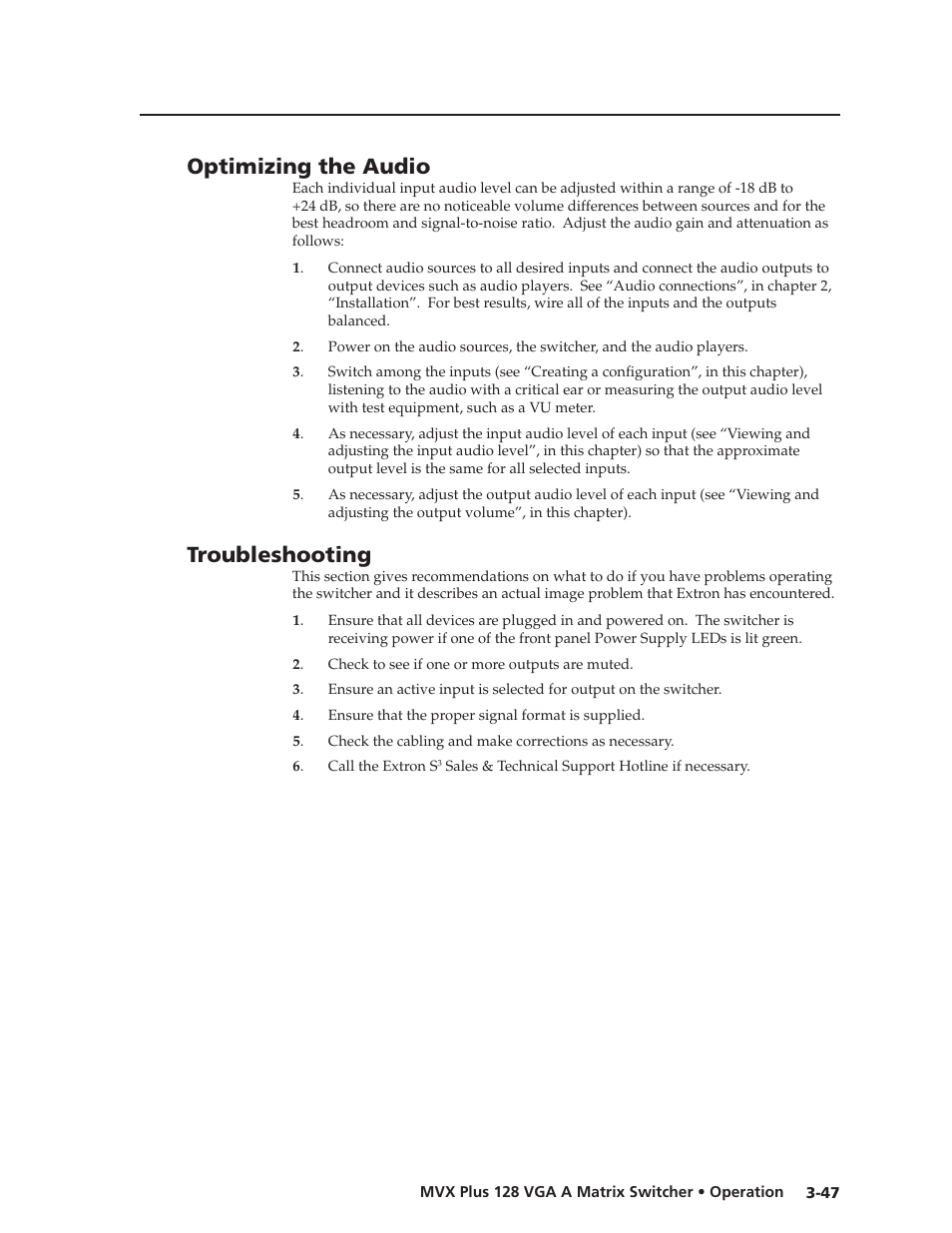 Optimizing the audio, Troubleshooting, Preliminar y | Extron Electronics MVX Plus 128 VGA A User Guide User Manual | Page 73 / 162