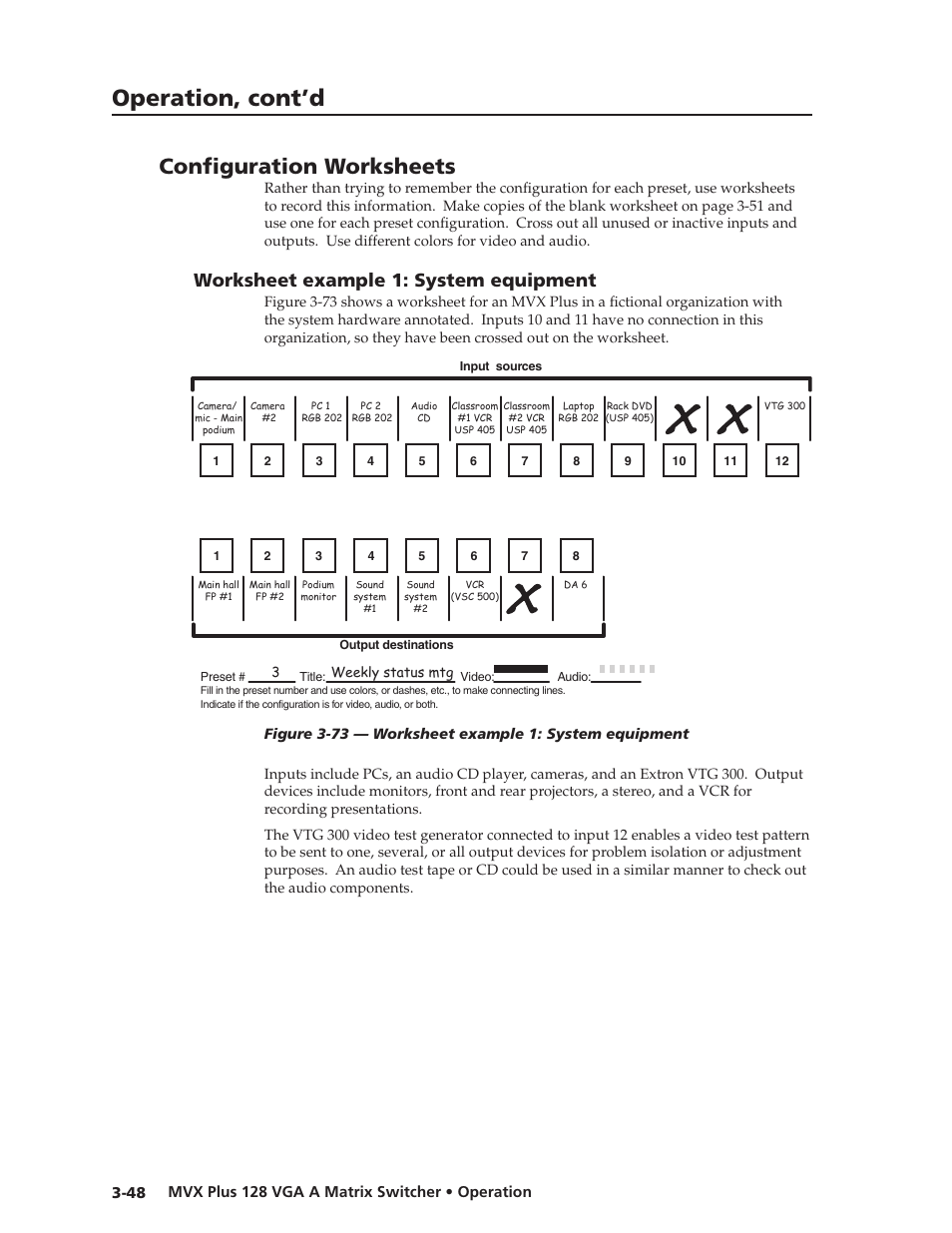 Configuration worksheets, Worksheet example 1: system equipment, Worksheet.example.1:.system.equipment | Preliminar y, Operation, cont’d | Extron Electronics MVX Plus 128 VGA A User Guide User Manual | Page 74 / 162