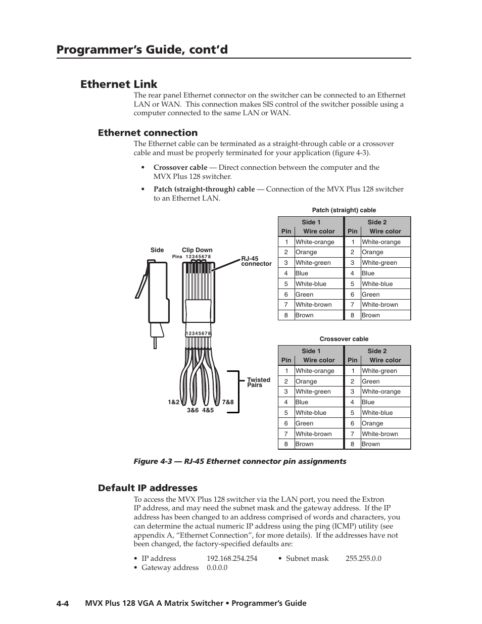 Ethernet link, Ethernet connection, Default ip addresses | Ethernet.connection, Default.ip.addresses, Preliminar y, Programmer’s guide, cont’d | Extron Electronics MVX Plus 128 VGA A User Guide User Manual | Page 82 / 162