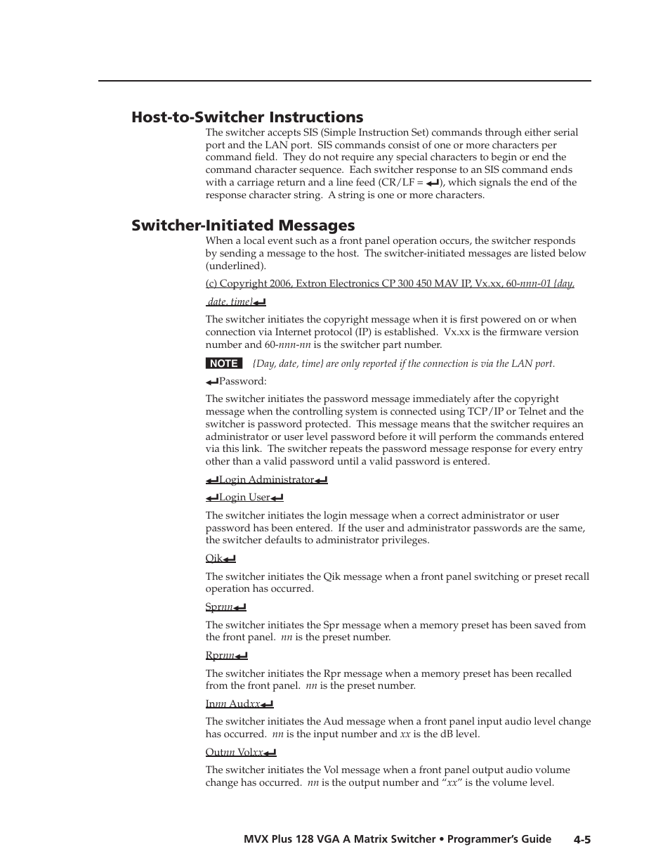 Host-to-switcher instructions, Switcher-initiated messages, Preliminar y | Extron Electronics MVX Plus 128 VGA A User Guide User Manual | Page 83 / 162