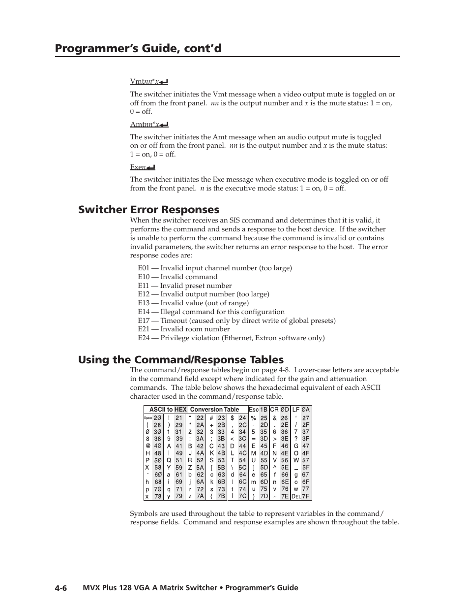 Switcher error responses, Using the command/response tables, Preliminar y | Programmer’s guide, cont’d | Extron Electronics MVX Plus 128 VGA A User Guide User Manual | Page 84 / 162