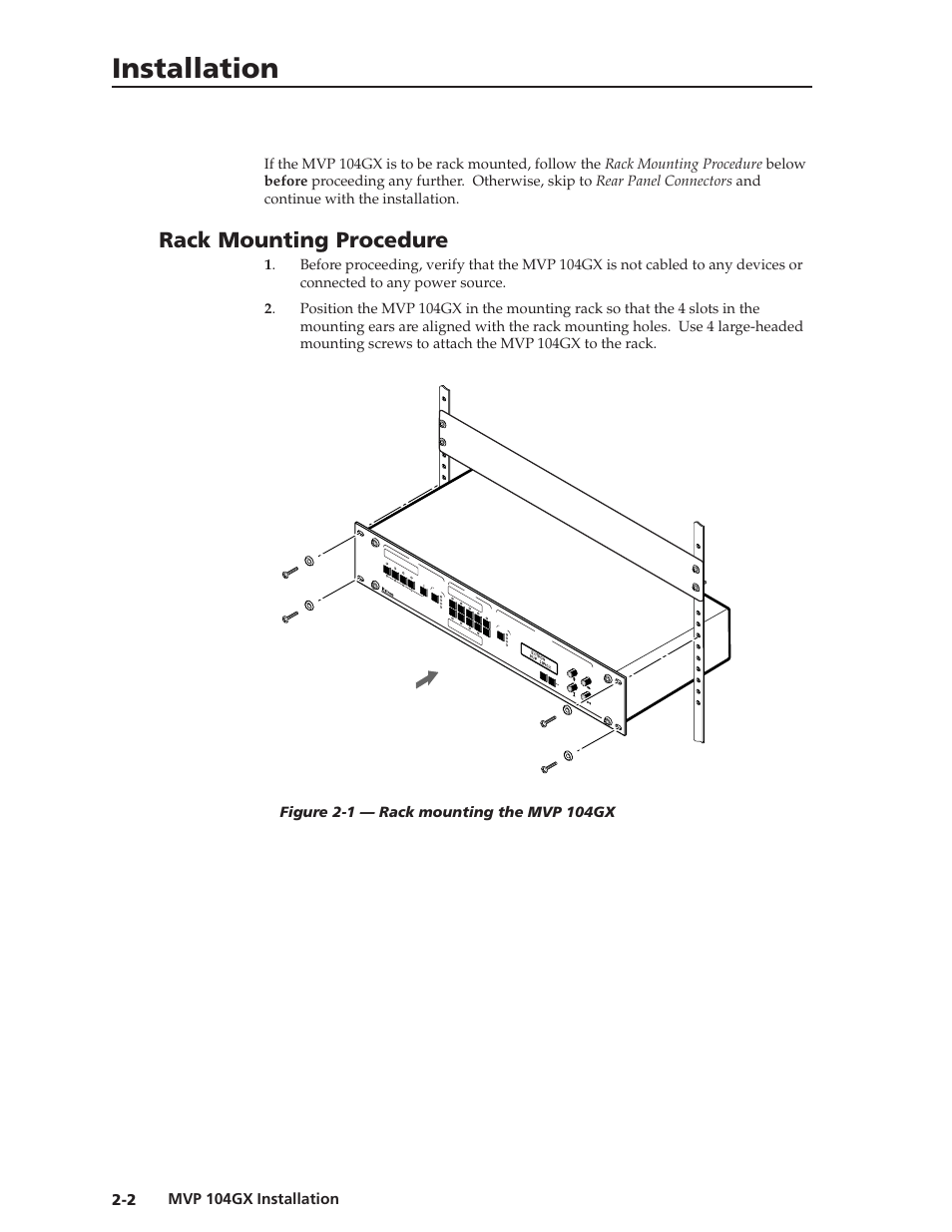 Installation, Rack mounting procedure, Mvp 104gx installation | Extron Electronics MVP 104GX User Guide User Manual | Page 10 / 54