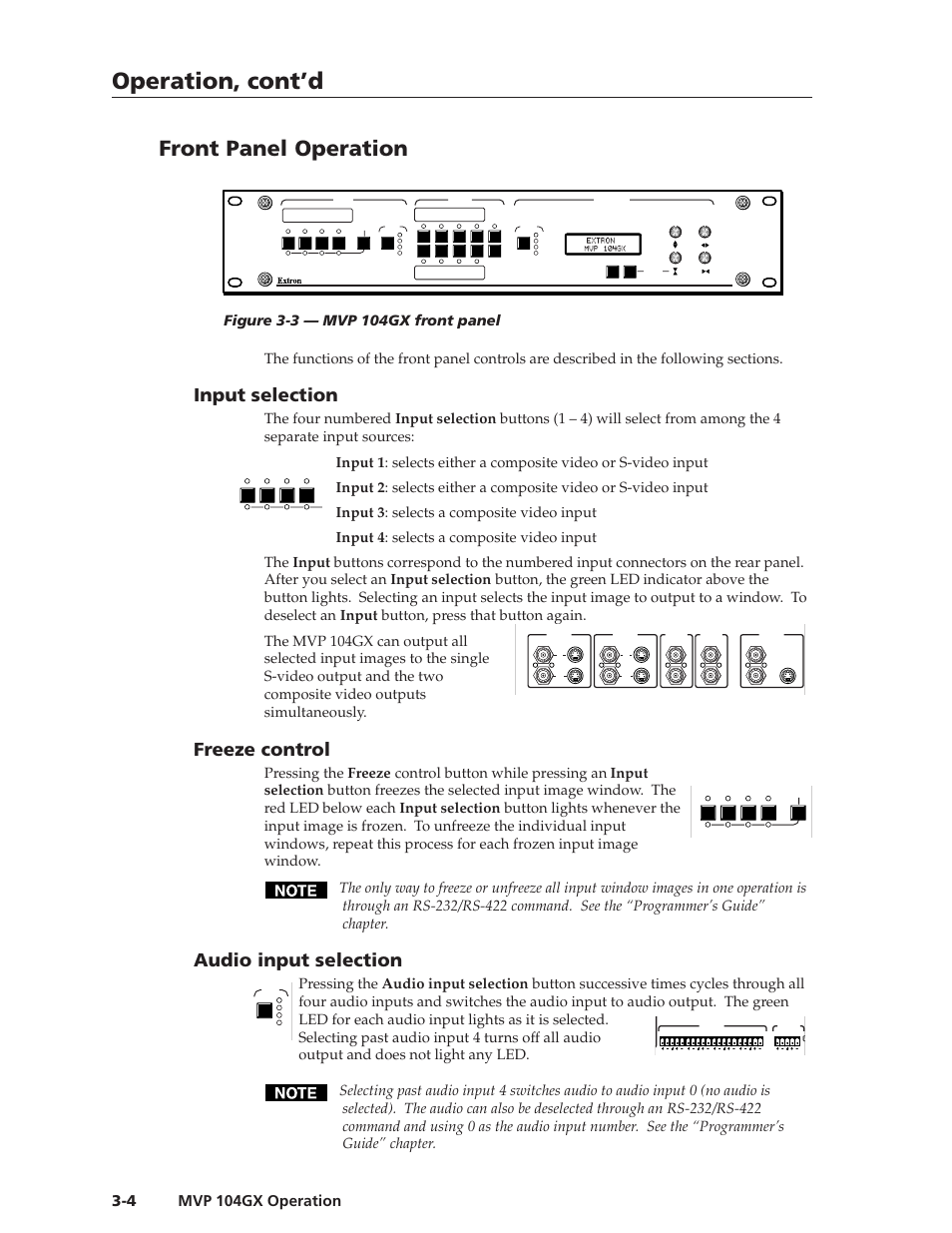 Operation, cont’d, Front panel operation, Input selection | Freeze control, Audio input selection, Mvp 104gx operation | Extron Electronics MVP 104GX User Guide User Manual | Page 22 / 54