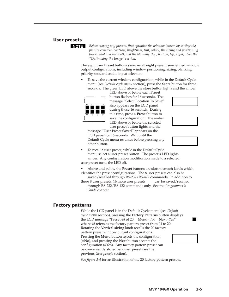 User presets, Factory patterns | Extron Electronics MVP 104GX User Guide User Manual | Page 23 / 54