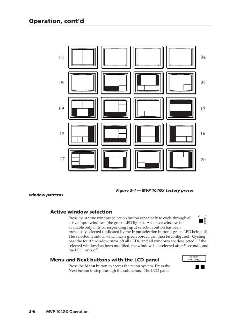 Operation, cont’d, Active window selection, Menu and next buttons with the lcd panel | Mvp 104gx operation | Extron Electronics MVP 104GX User Guide User Manual | Page 24 / 54