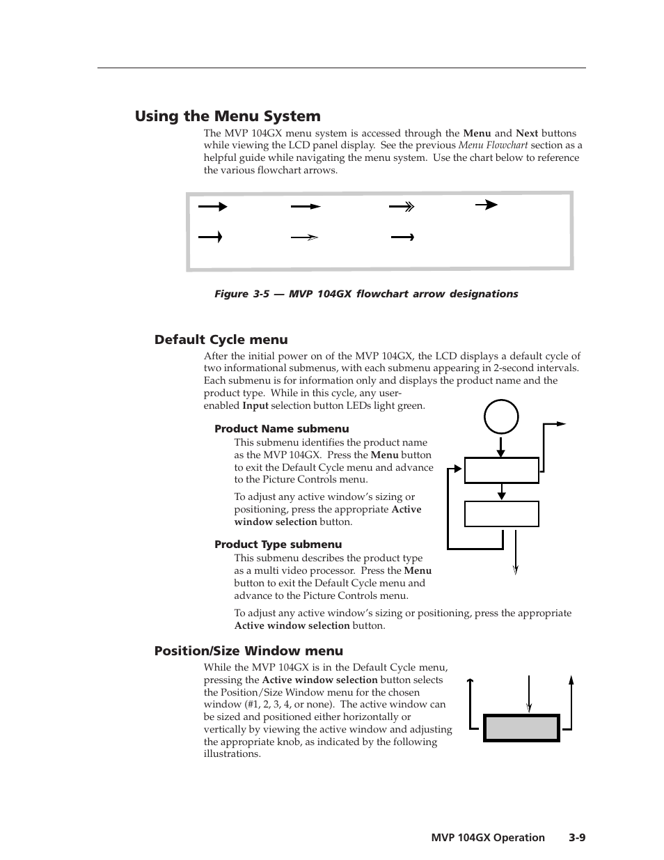 Using the menu system, Default cycle menu, Position/size window menu | Extron Electronics MVP 104GX User Guide User Manual | Page 27 / 54