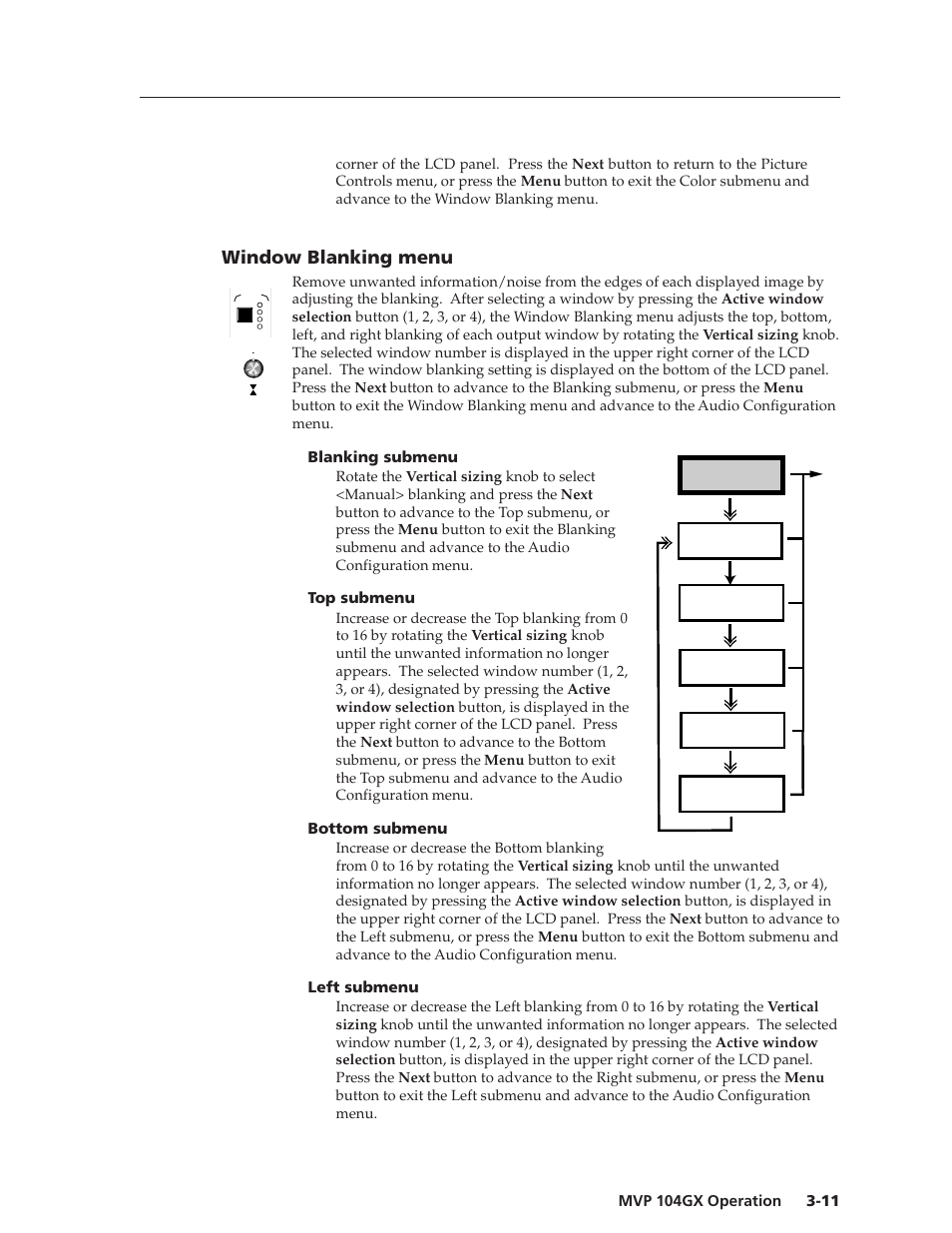 Window blanking menu, Blanking submenu, Top submenu | Bottom submenu, Left submenu | Extron Electronics MVP 104GX User Guide User Manual | Page 29 / 54