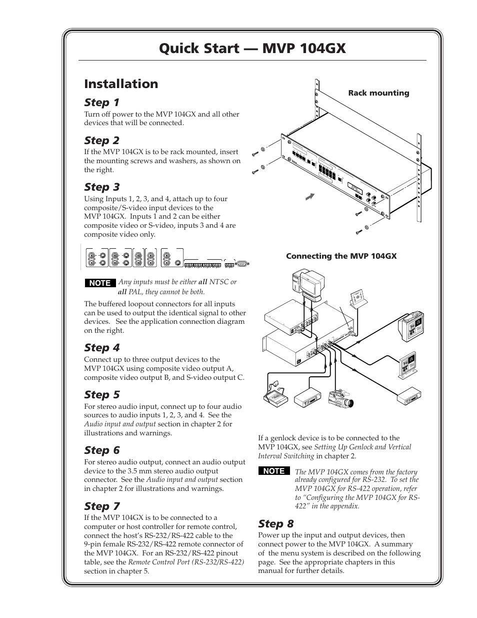 Quick start — mvp 104gx, Installation, Step 1 | Step 2, Step 3, Step 4, Step 5, Step 6, Step 7, Step 8 | Extron Electronics MVP 104GX User Guide User Manual | Page 3 / 54