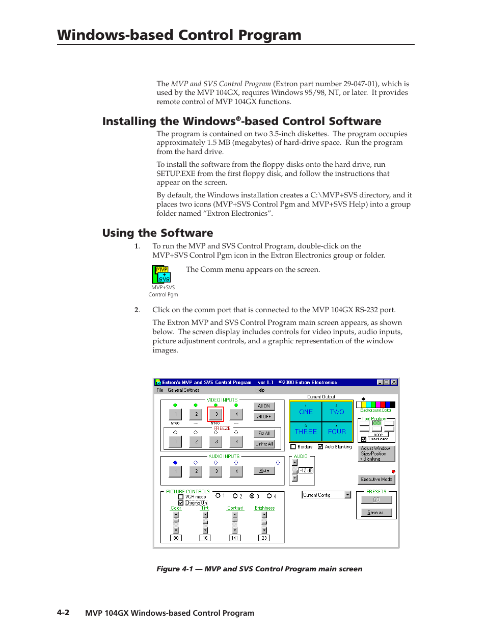 Windows-based control program, Installing the windows, Based control software | Using the software | Extron Electronics MVP 104GX User Guide User Manual | Page 36 / 54