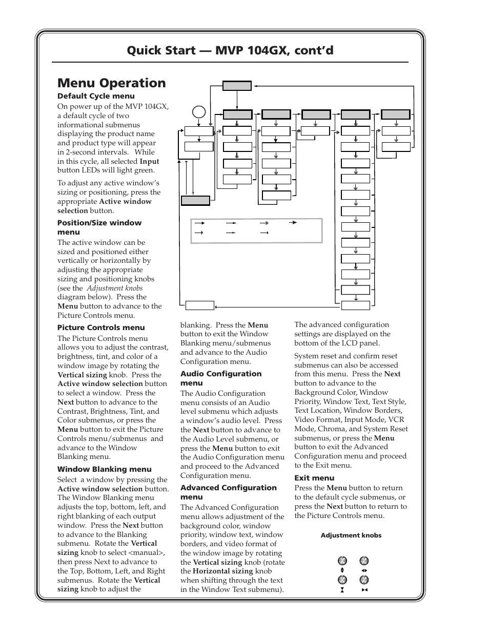 Menu operation, Quick start — mvp 104gx, cont’d, Adjustment knobs | Extron Electronics MVP 104GX User Guide User Manual | Page 4 / 54