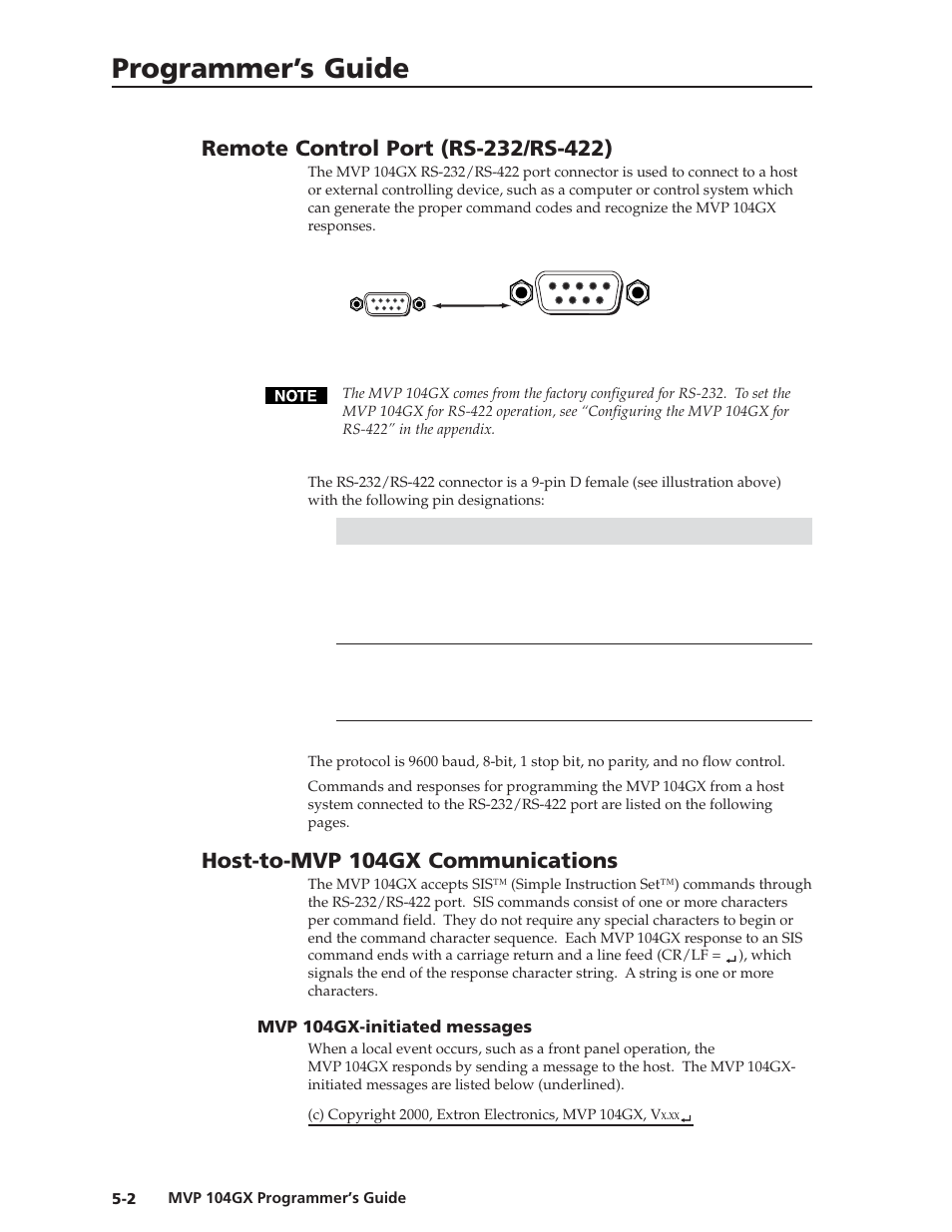Programmer’s guide, Host-to-mvp 104gx communications | Extron Electronics MVP 104GX User Guide User Manual | Page 40 / 54