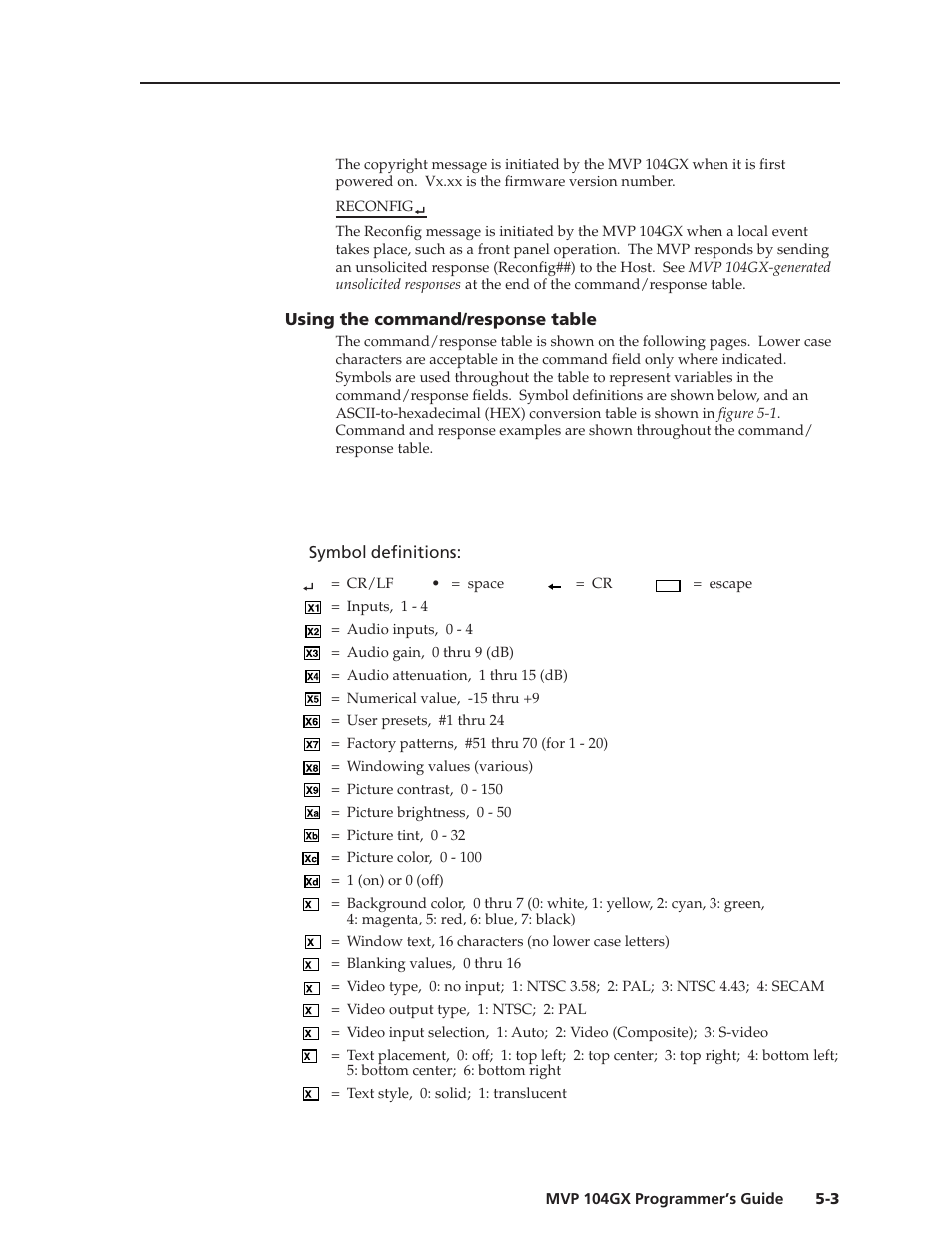Symbol definitions, Using the command/response table | Extron Electronics MVP 104GX User Guide User Manual | Page 41 / 54