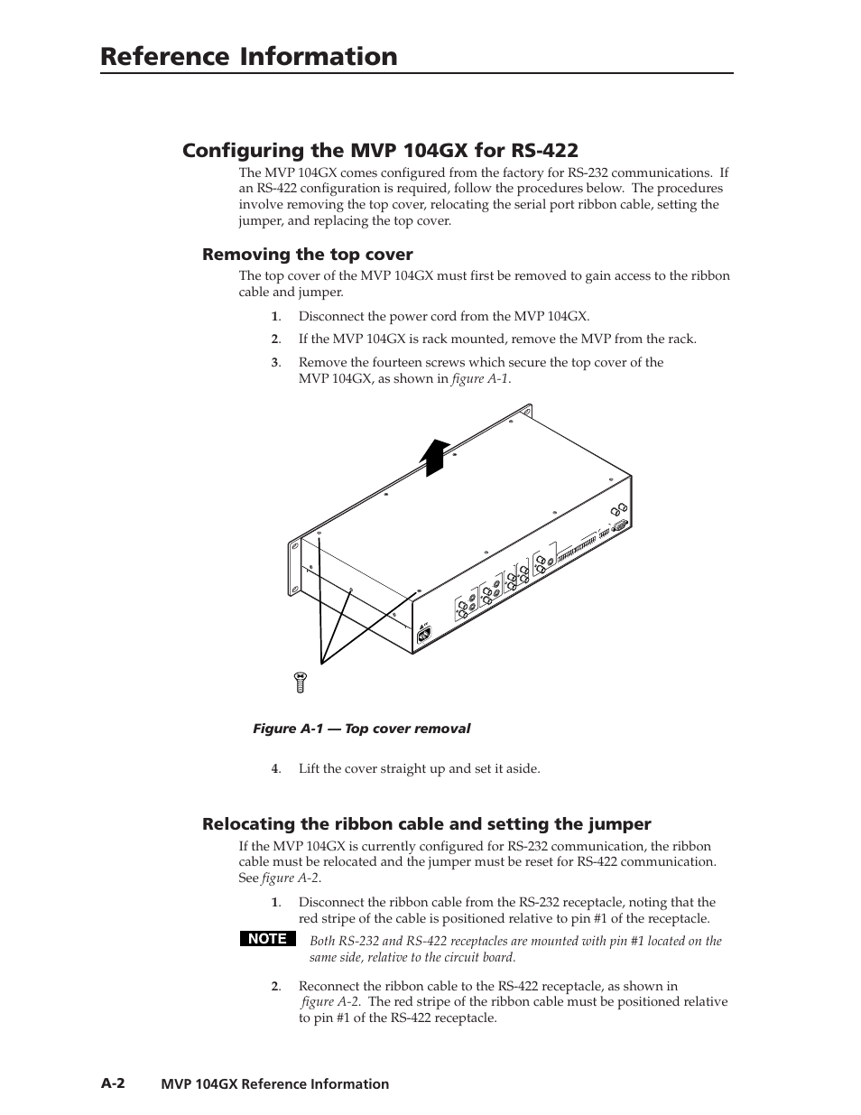 Reference information, Removing the top cover, Relocating the ribbon cable and setting the jumper | Mvp 104gx reference information, Lift cover straight up remove (14) screws | Extron Electronics MVP 104GX User Guide User Manual | Page 48 / 54