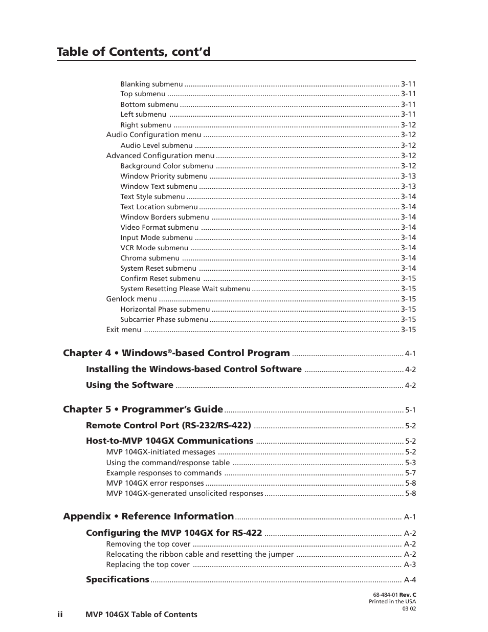 Table of contents, cont’d, Chapter 4 • windows, Based control program | Chapter 5 • programmer’s guide, Appendix • reference information | Extron Electronics MVP 104GX User Guide User Manual | Page 6 / 54