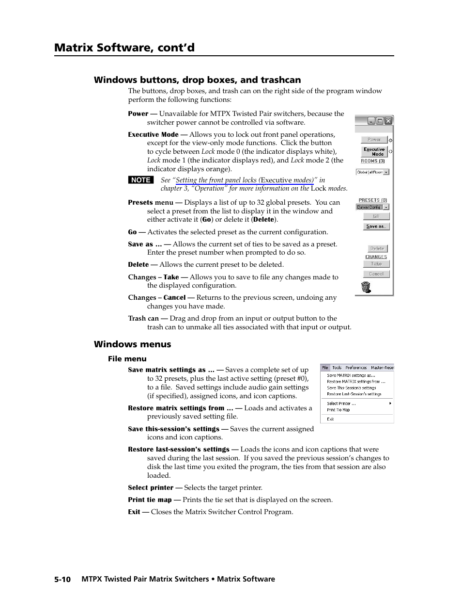 Windows buttons, drop boxes, and trashcan, Windows menus, File menu | File menu -10, The file > save matrix settings as, File > save matrix settings as, Print tie, Preliminar y, Matrix software, cont’d | Extron Electronics MTPX Series User Guide User Manual | Page 104 / 124