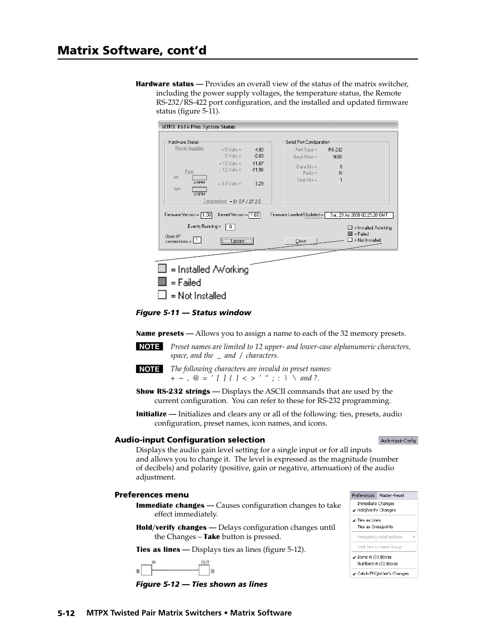Audio-input configuration selection, Preferences menu, Matrix software | Preliminar y, Matrix software, cont’d | Extron Electronics MTPX Series User Guide User Manual | Page 106 / 124