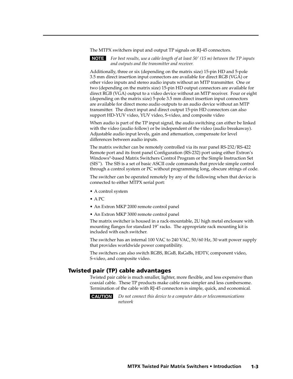 Twisted pair (tp) cable advantages, Twisted pair (tp) cable advantages -3, Preliminar y | Extron Electronics MTPX Series User Guide User Manual | Page 11 / 124