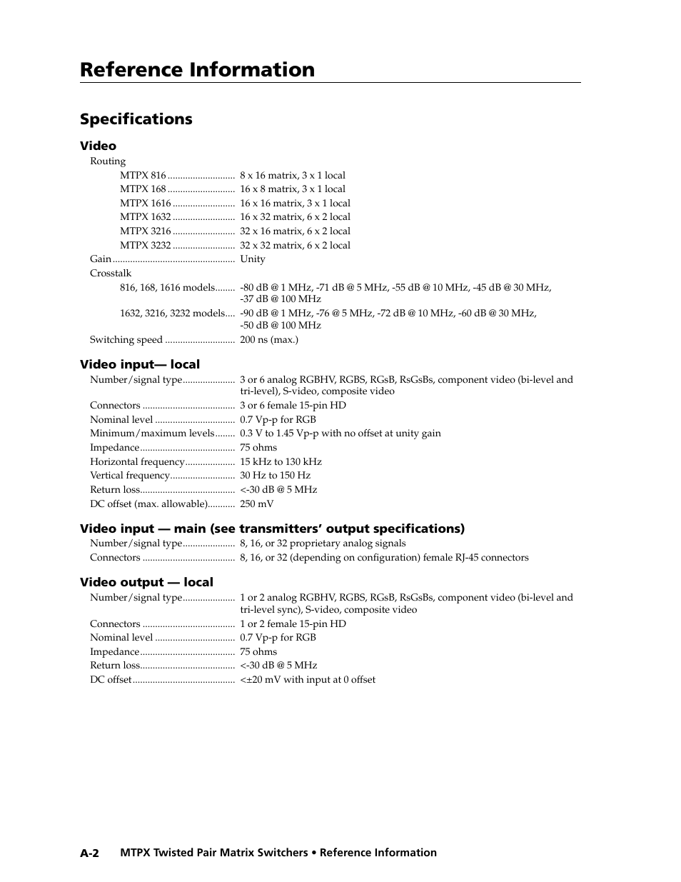 Specifications, Preliminar y, Reference information | Extron Electronics MTPX Series User Guide User Manual | Page 112 / 124