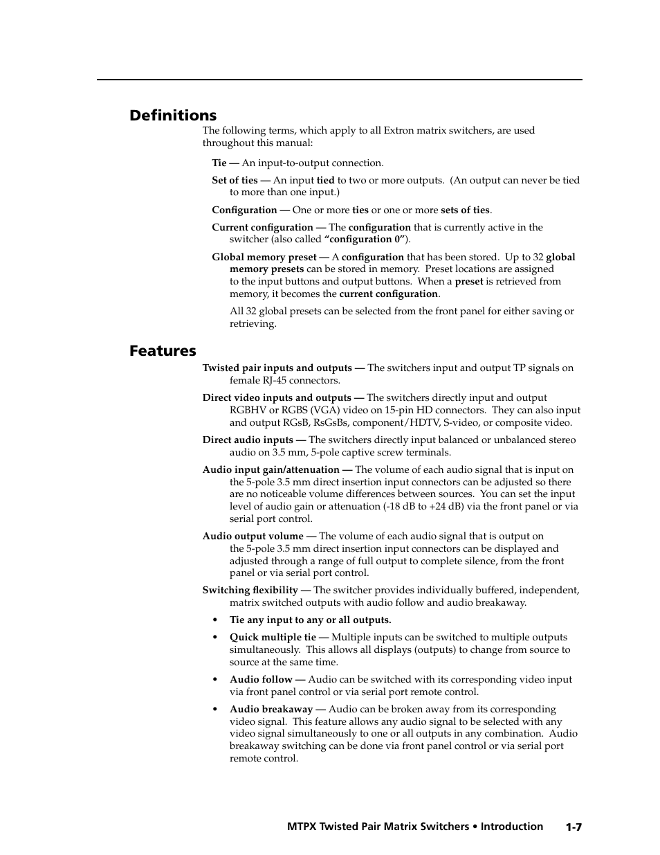 Definitions, Features, Preliminar y | Extron Electronics MTPX Series User Guide User Manual | Page 15 / 124