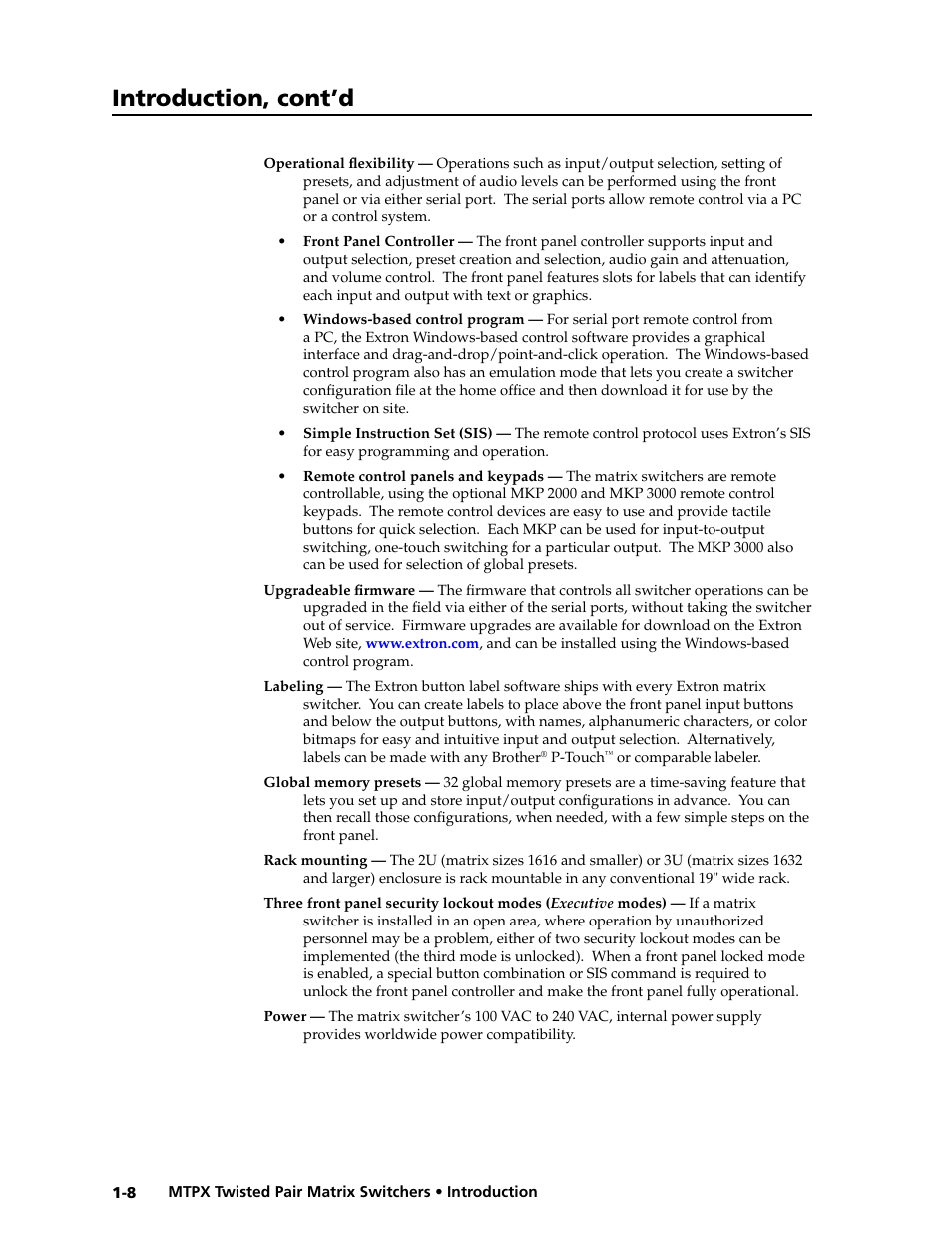 Preliminar y, Introduction, cont’d | Extron Electronics MTPX Series User Guide User Manual | Page 16 / 124