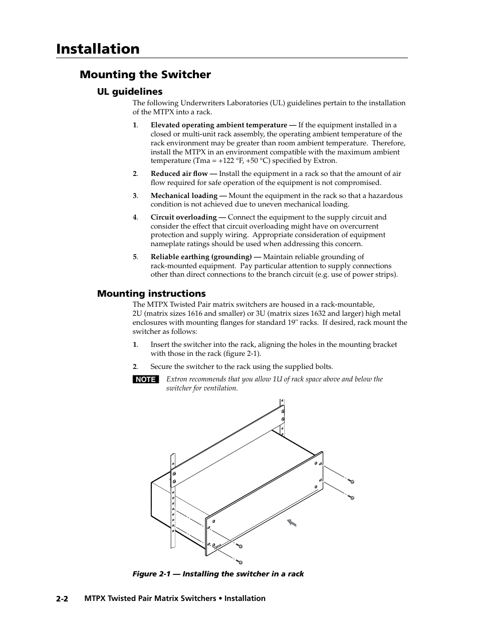 Mounting the switcher, Ul guidelines, Mounting instructions | Ul guidelines -2 mounting instructions -2, Preliminar y, Installation | Extron Electronics MTPX Series User Guide User Manual | Page 18 / 124