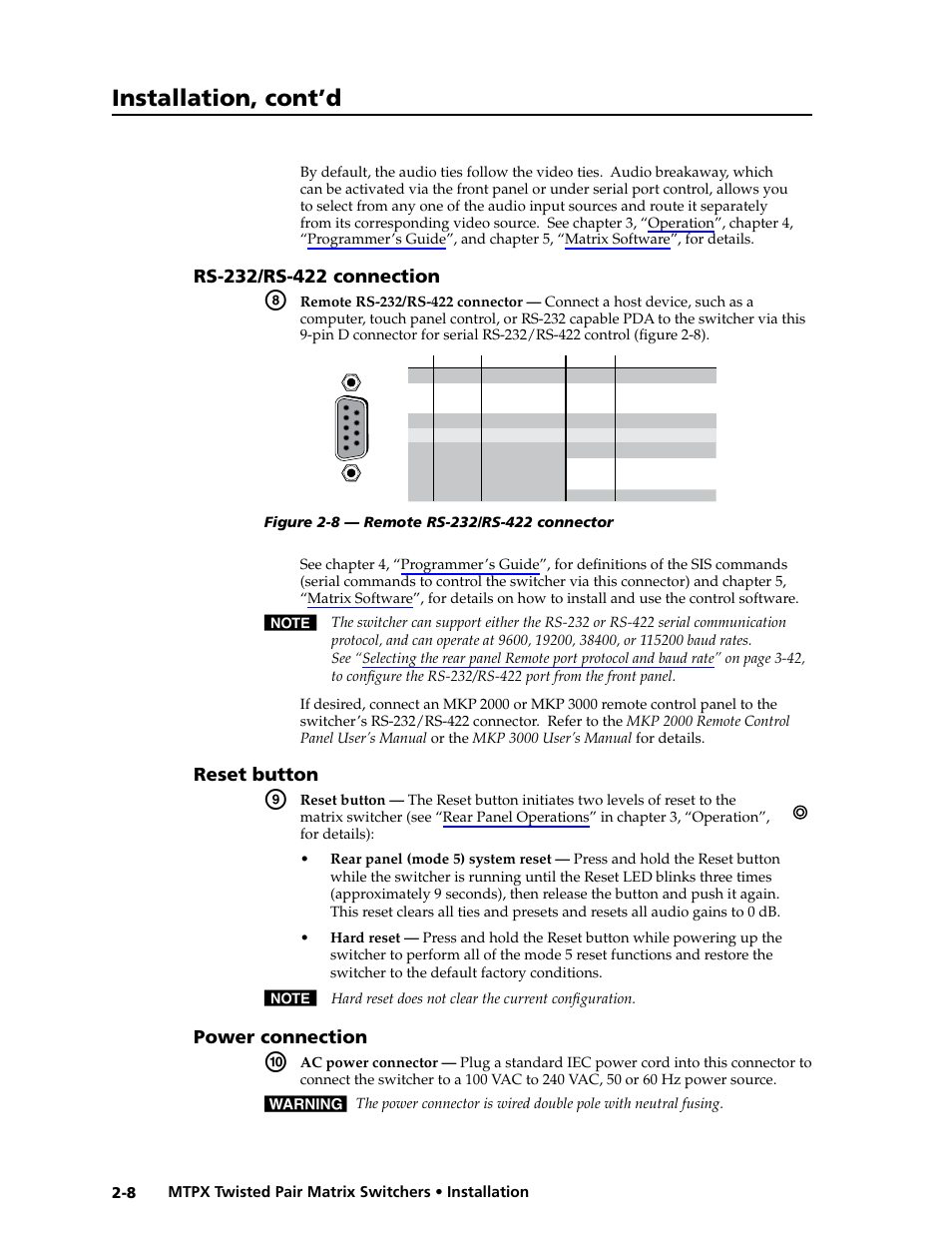 Rs-232/rs-422 connection, Reset button, Power connection | Preliminar y, Installation, cont’d | Extron Electronics MTPX Series User Guide User Manual | Page 24 / 124