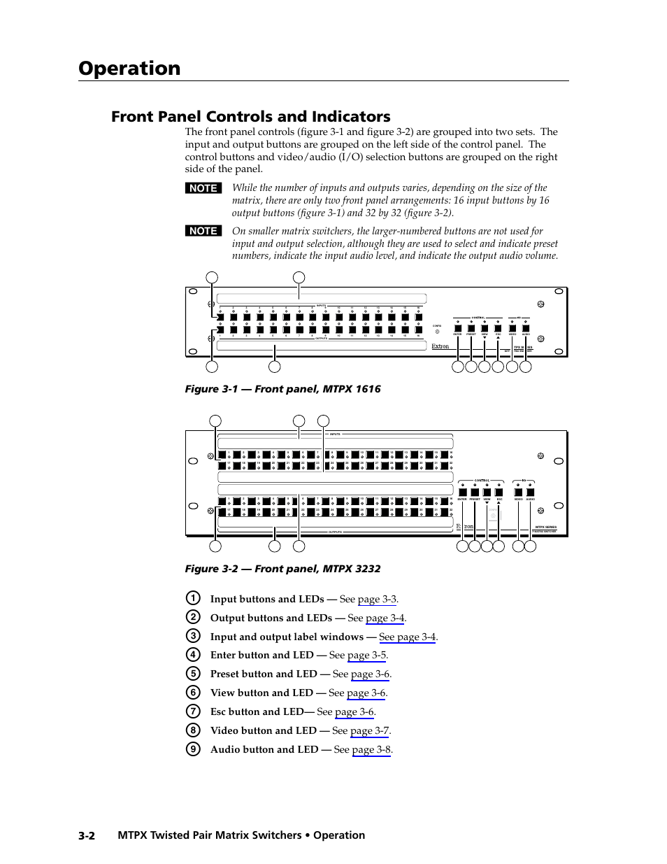 Front panel controls and indicators, Preliminar y, Operation | Mtpx twisted pair matrix switchers • operation 3-2, Input buttons and leds — see page 3-3, Output buttons and leds — see page 3-4, Input and output label windows — see page 3-4, Enter button and led — see page 3-5, Preset button and led — see page 3-6, View button and led — see page 3-6 | Extron Electronics MTPX Series User Guide User Manual | Page 28 / 124