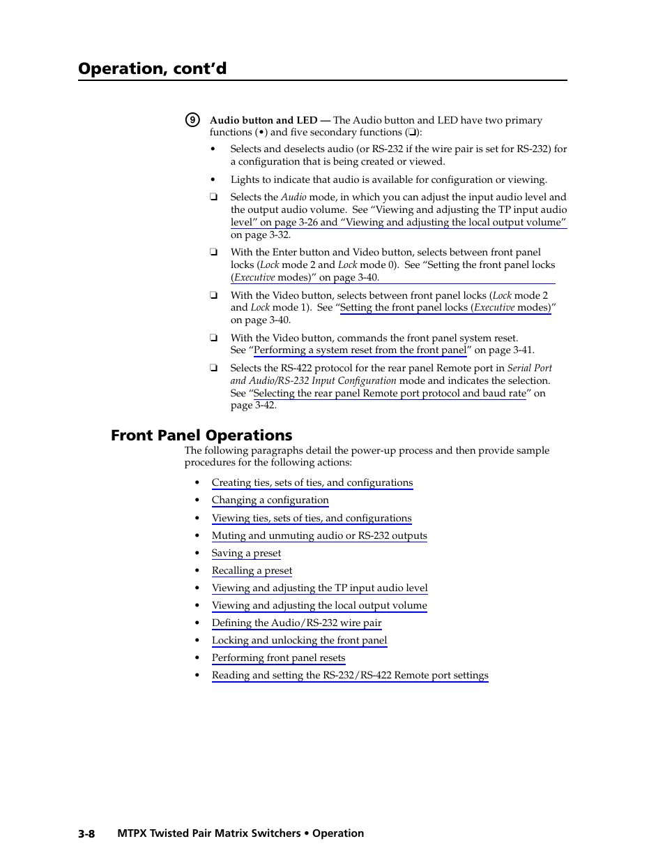 Front panel operations, See “front panel operations, Preliminar y | Operation, cont’d | Extron Electronics MTPX Series User Guide User Manual | Page 34 / 124