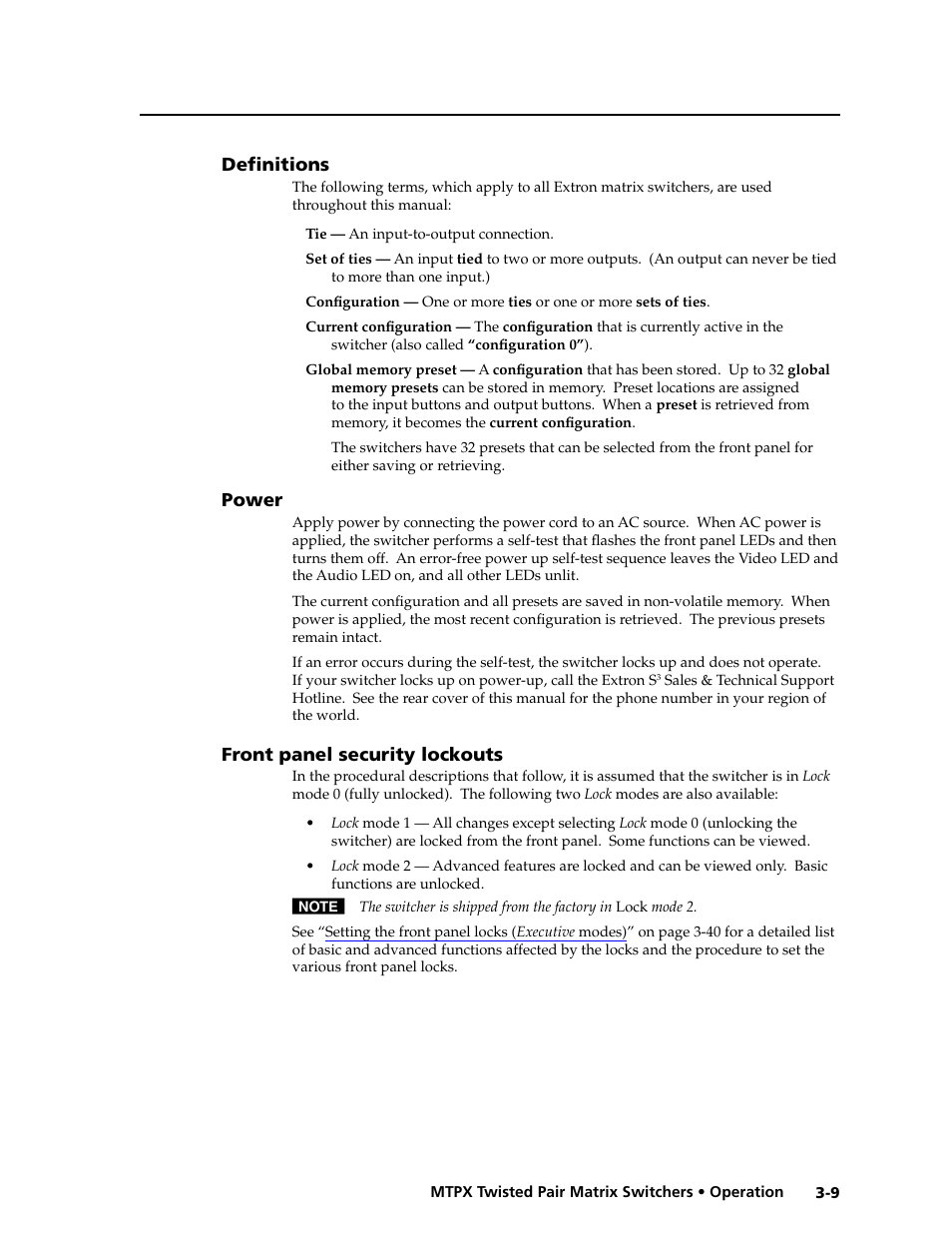 Definitions, Power, Preliminar y | Extron Electronics MTPX Series User Guide User Manual | Page 35 / 124
