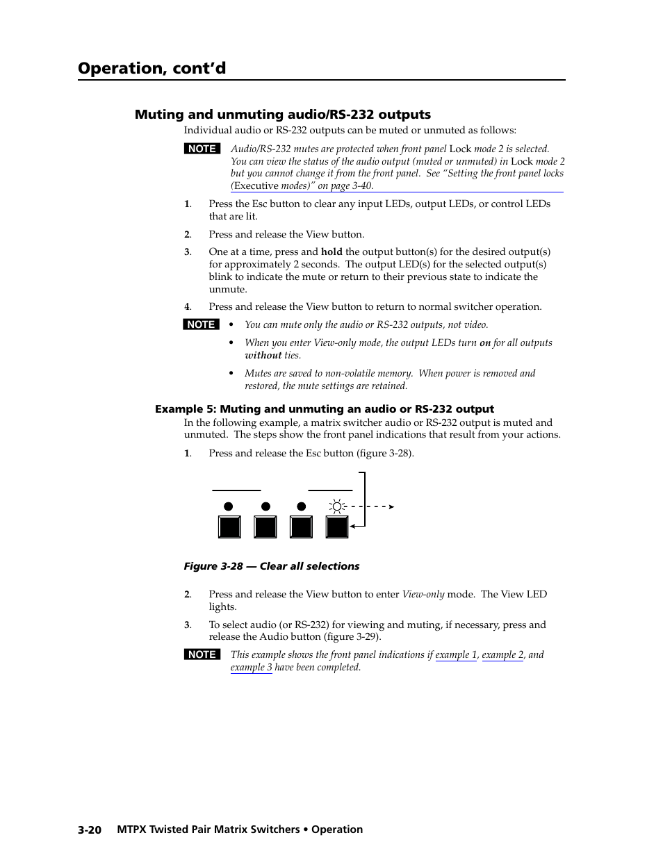 Muting and unmuting audio/rs-232 outputs, Muting and unmuting audio/rs-232 outputs -20, Audio/rs-232 | Mutes, Muting and unmuting audio or rs-232 outputs, View-only, Preliminar y, Operation, cont’d | Extron Electronics MTPX Series User Guide User Manual | Page 46 / 124