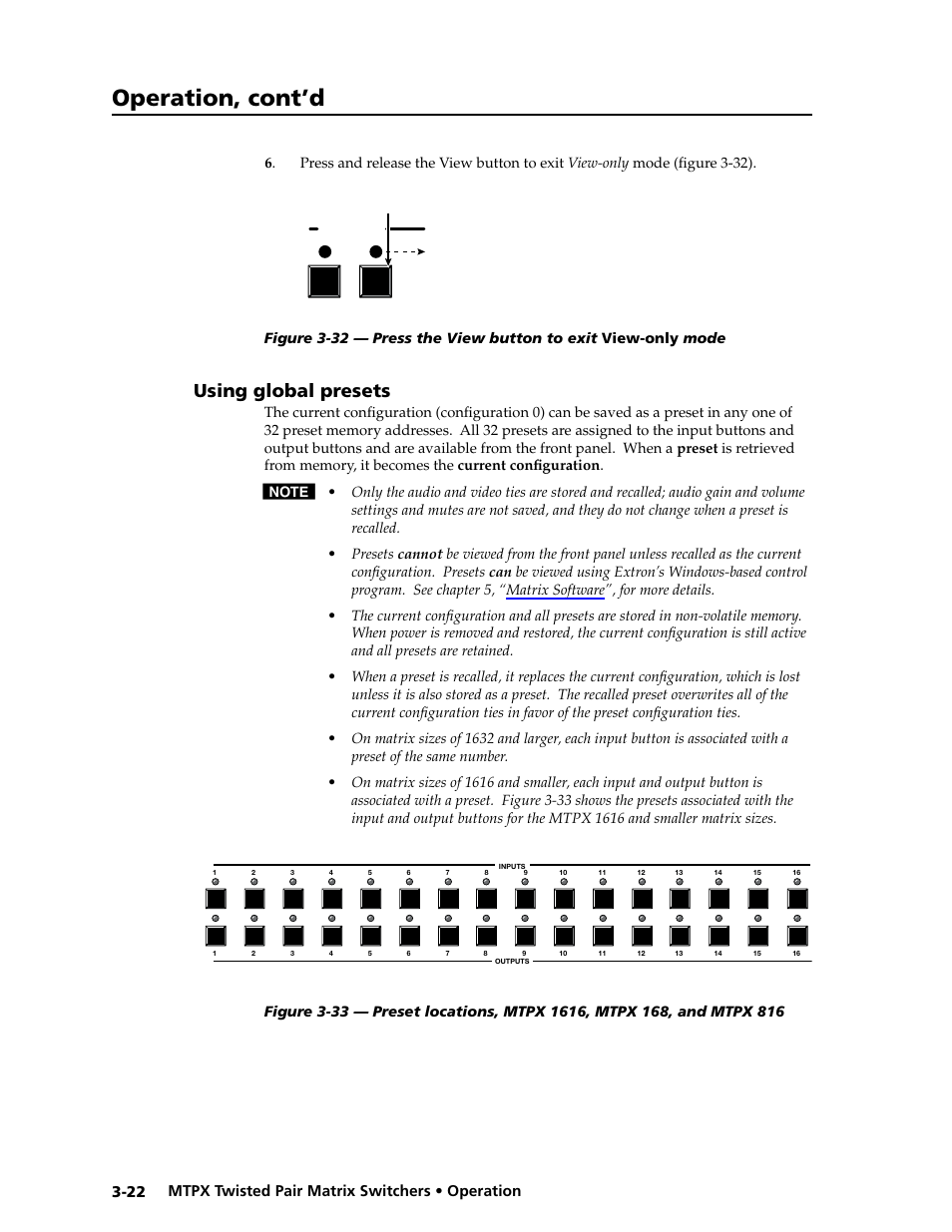 Using global presets, Using global presets -22, Presets | Preset, See “using global presets, Preliminar y, Operation, cont’d | Extron Electronics MTPX Series User Guide User Manual | Page 48 / 124