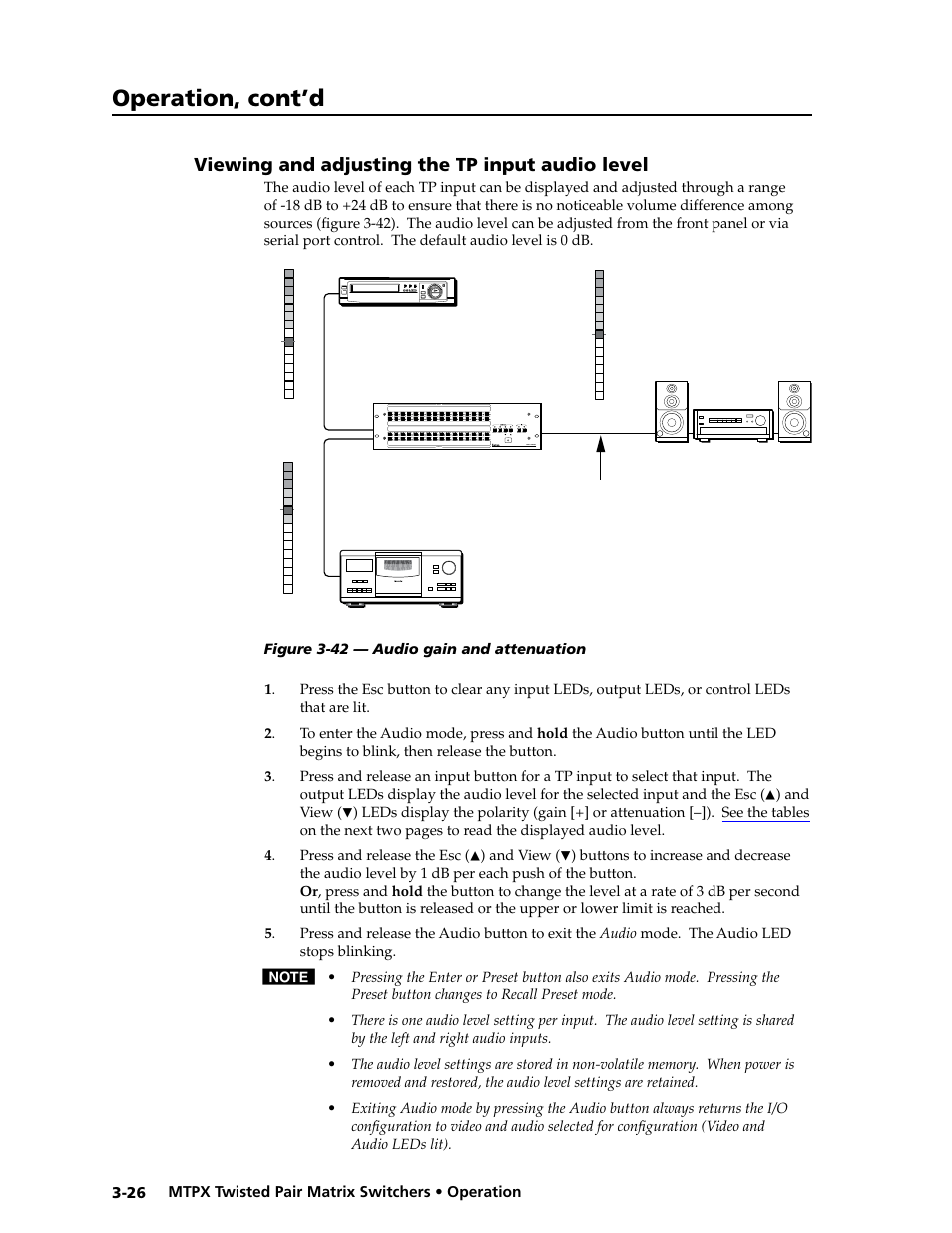 Viewing and adjusting the tp input audio level, Viewing and adjusting the tp input audio level -26, See chapter 3, “operation | Input audio, Level, Ease input level, Audio, Preliminar y, Operation, cont’d | Extron Electronics MTPX Series User Guide User Manual | Page 52 / 124