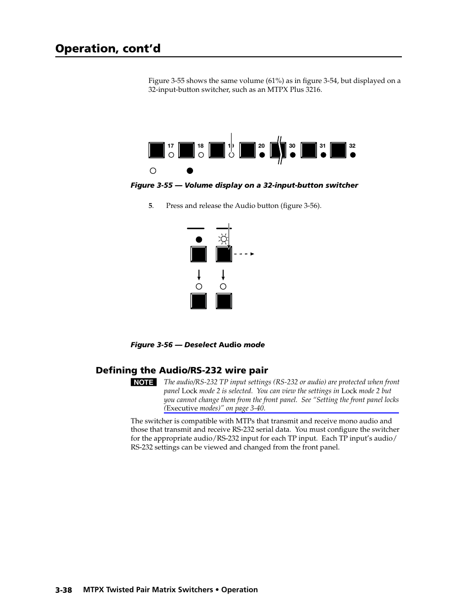Defining the audio/rs-232 wire pair, Defining the audio/rs-232 wire pair -38, Input | Configuration, And input, Preliminar y, Operation, cont’d | Extron Electronics MTPX Series User Guide User Manual | Page 64 / 124