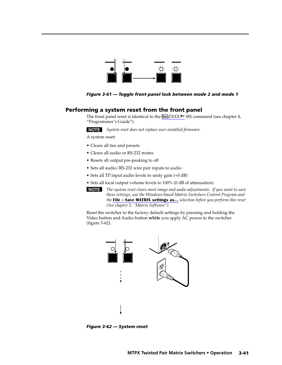 Performing a system reset from the front panel, Performing a system reset from the front panel -41, Resets | Performing front panel resets, Preliminar y | Extron Electronics MTPX Series User Guide User Manual | Page 67 / 124