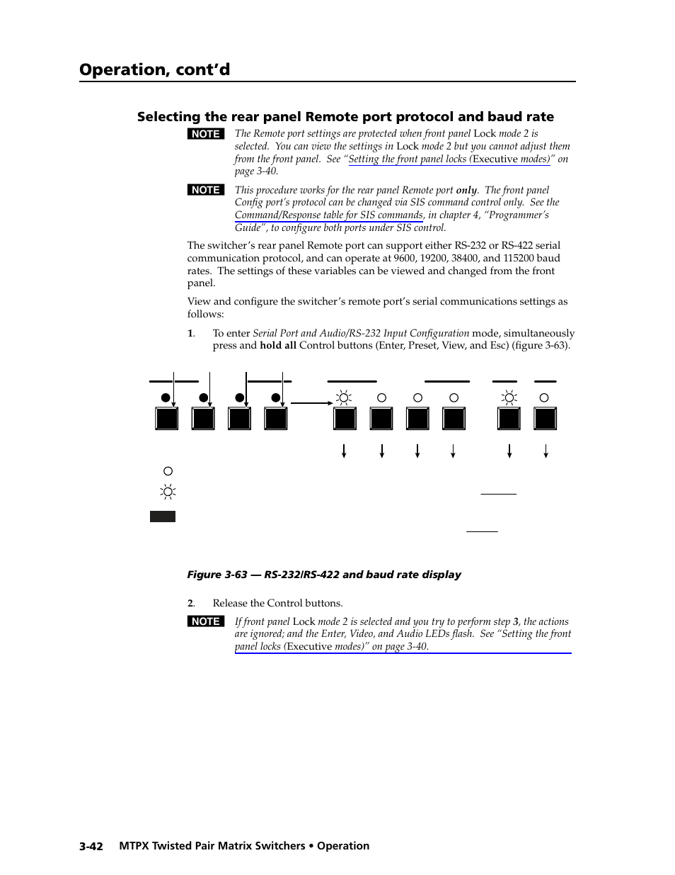 Port, Rs-232 input configuration, Mode. see “selecting the rear panel remote | 232 input configuration, Mode. see “selecting the rear panel remote port, Configuration, Preliminar y, Operation, cont’d | Extron Electronics MTPX Series User Guide User Manual | Page 68 / 124
