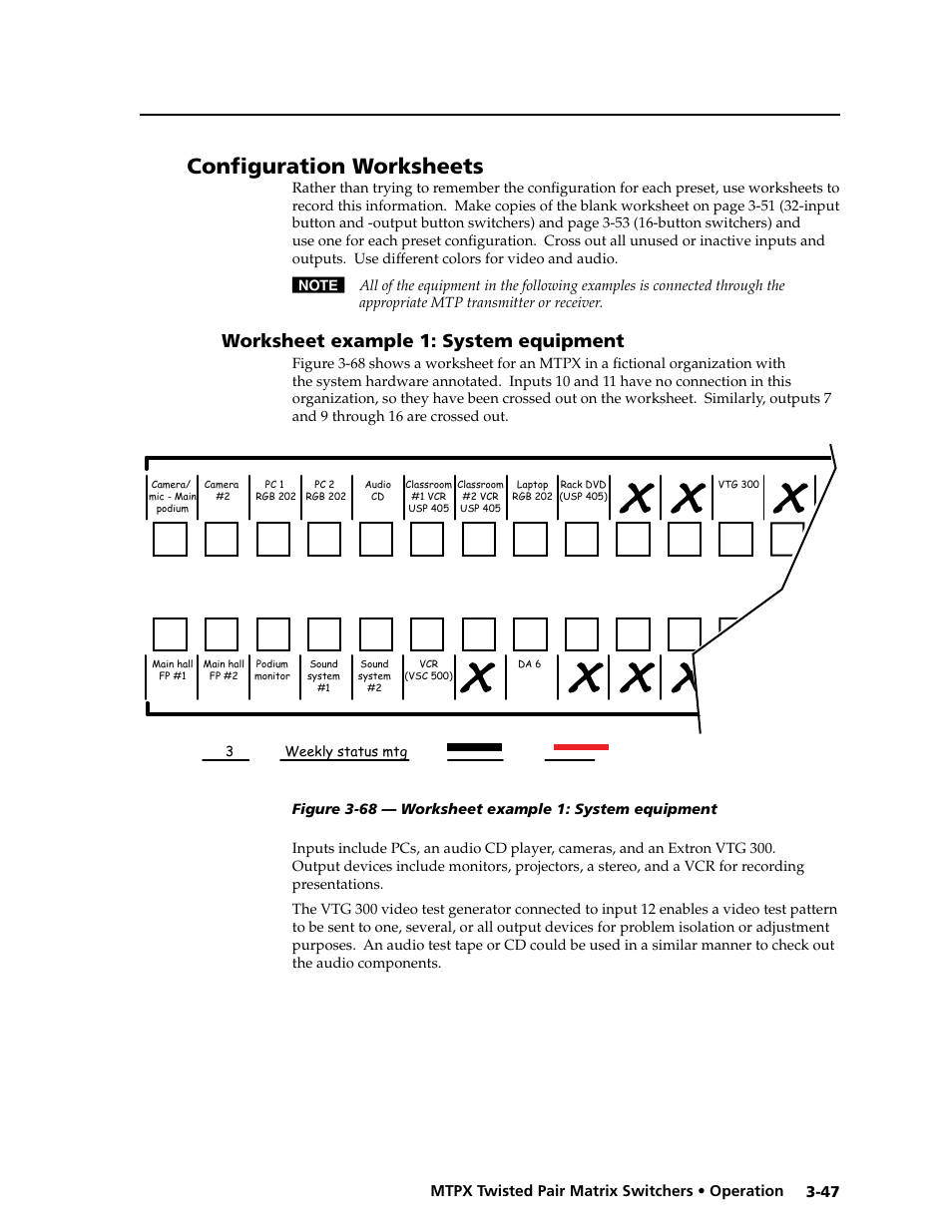 Configuration worksheets, Worksheet example 1: system equipment, Worksheet example 1: system equipment -47 | Preliminar y | Extron Electronics MTPX Series User Guide User Manual | Page 73 / 124