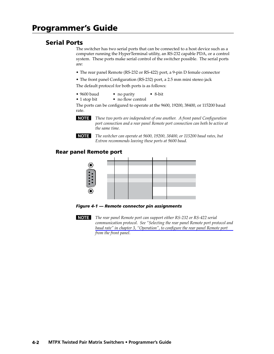 Serial ports, Rear panel remote port, Rear panel remote port -2 | Preliminar y, Programmer’s guide | Extron Electronics MTPX Series User Guide User Manual | Page 82 / 124
