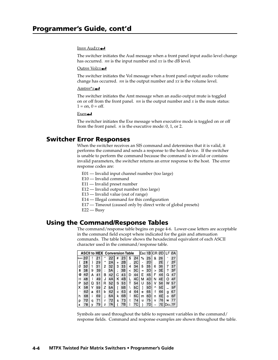 Switcher error responses, Using the command/response tables, Preliminar y | Programmer’s guide, cont’d | Extron Electronics MTPX Series User Guide User Manual | Page 84 / 124