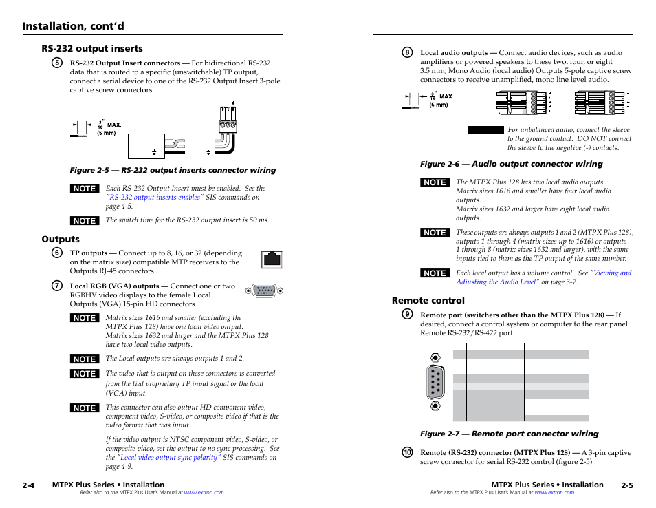 Rs-232 output inserts, Outputs, Remote control | Installation, cont’d | Extron Electronics MTPX Plus Series Setup Guide User Manual | Page 10 / 30