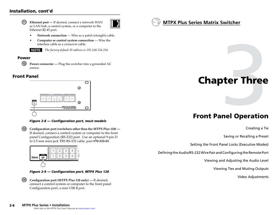 Power, Front panel, Chapter 3 • front panel operation | Power -6, Chapter three • front panel operation, Chapter three, Front panel operation | Extron Electronics MTPX Plus Series Setup Guide User Manual | Page 11 / 30
