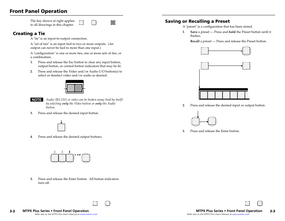Creating a tie, Saving or recalling a preset, Saving or recalling a preset | Front panel operation | Extron Electronics MTPX Plus Series Setup Guide User Manual | Page 12 / 30