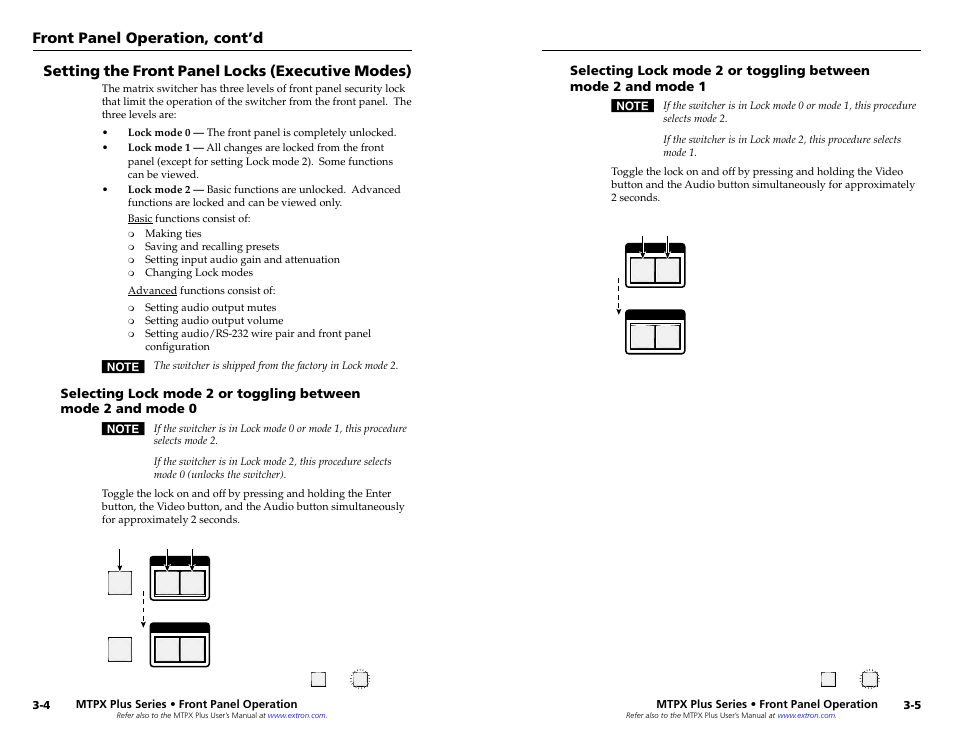 Setting the front panel locks (executive modes), Setting the front panel locks (executive modes), Front panel operation, cont’d | Extron Electronics MTPX Plus Series Setup Guide User Manual | Page 13 / 30